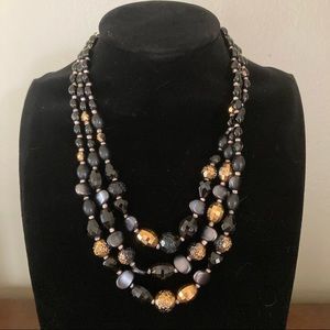 Vintage Black & Gold Beaded 3 Strand Textured Necklace